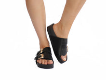 Load image into Gallery viewer, Taylor: Black Gold Buckle Flats
